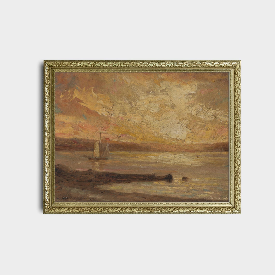 Golden Sunset Seascape with Lone Sailboat on Calm Water Vintage Poster - Image 2