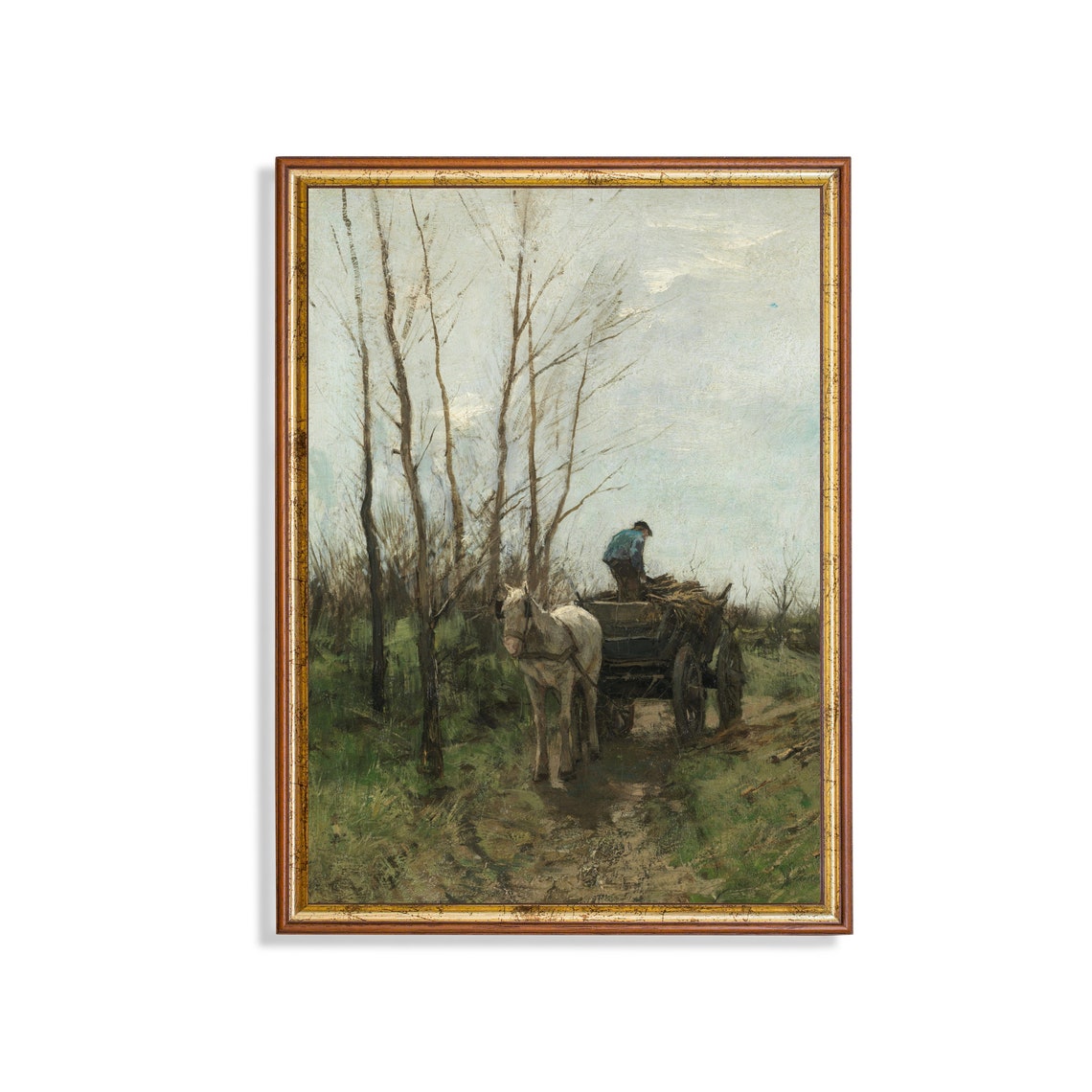 White Horse and Cart on a Woodland Path with Bare Trees Vintage Poster