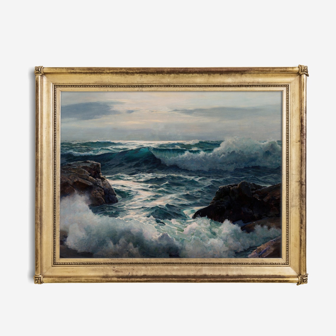 Crashing Ocean Waves on Rocks Dramatic Vintage Seascape Art Poster - Image 3