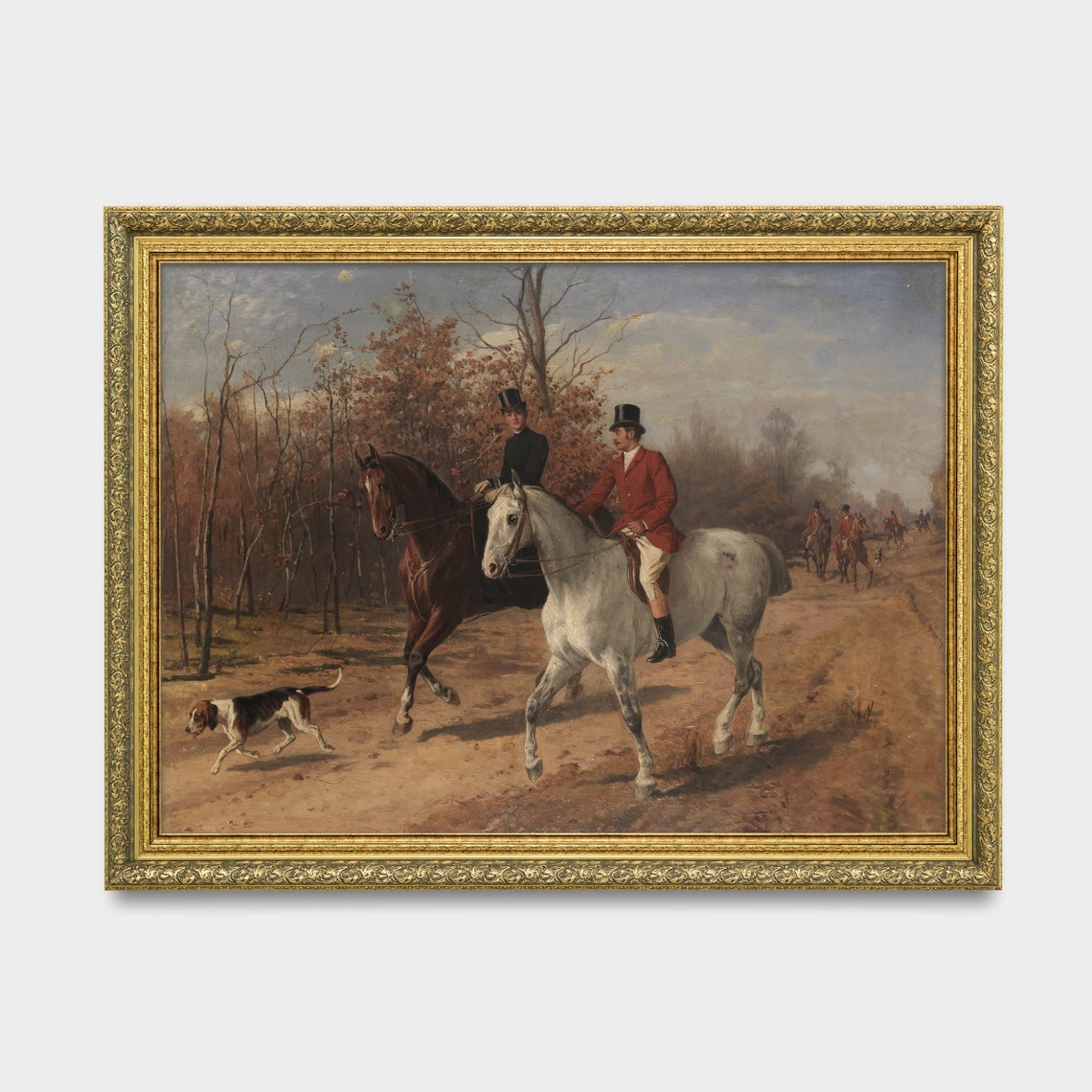 Fox Hunt Riders on Bay and Grey Horses in Autumn Woods Poster - Image 3