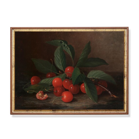 Printed And Shipped Vintage Painting Still Life With Cherries Antique Moody Print Kitchen Decor Fine Art Fruits Wall Art Print
