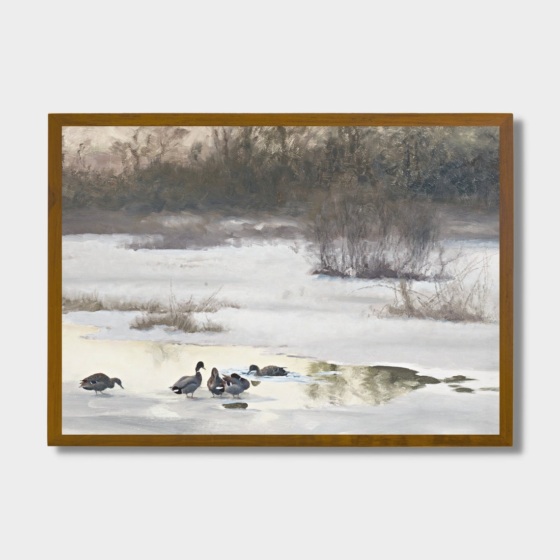 Ducks Standing on a Partly Frozen Winter Pond at Dusk Poster - Image 3
