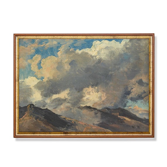 Vintage Landscape Antique Cloudy Mountain Painting Wall Art Moody Rustic Print Living Room Fine Art
