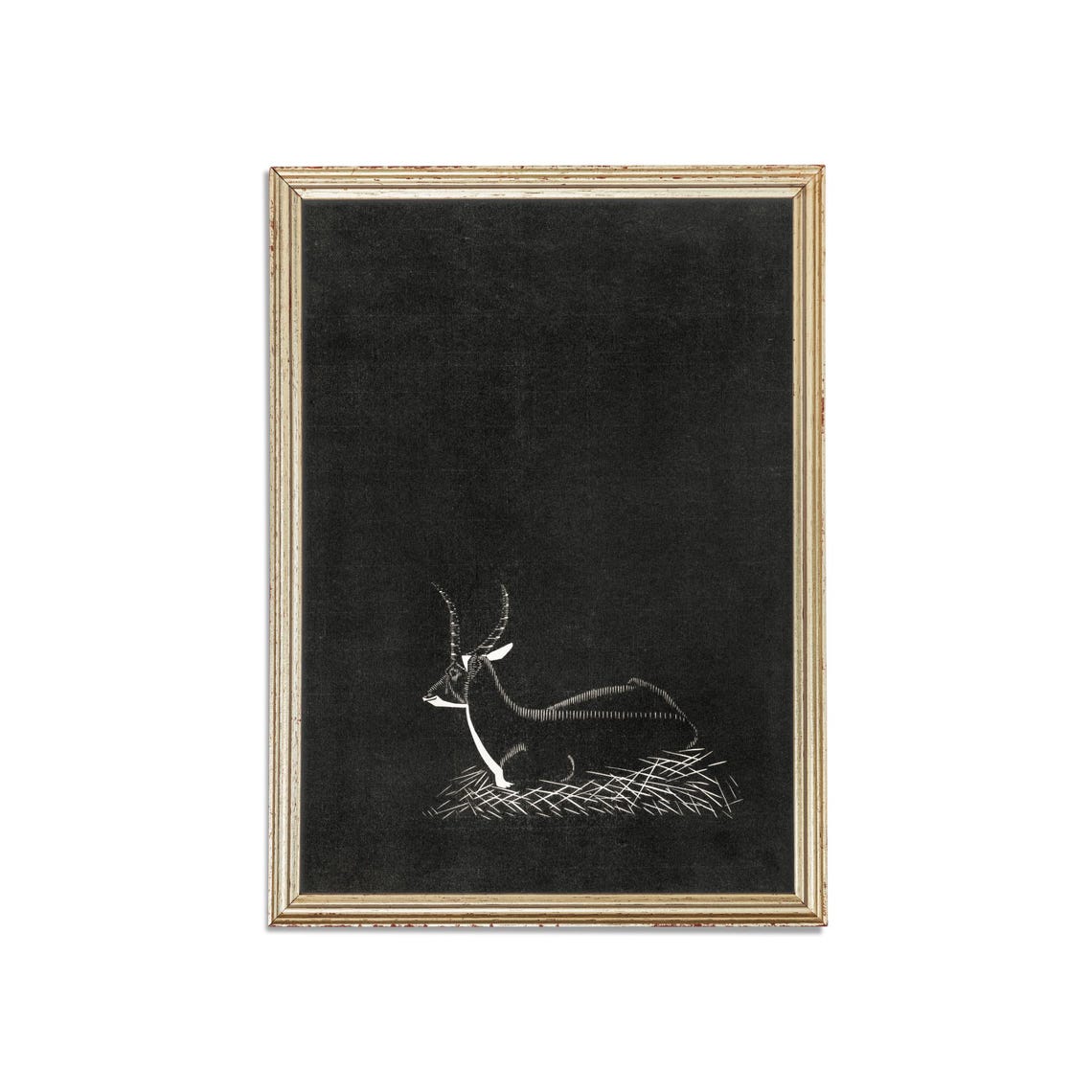 Resting Waterbuck White Line Art on a Black Background Poster - Image 3