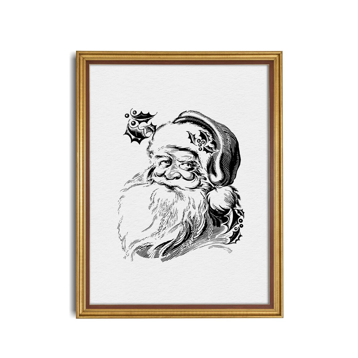 Vintage Santa Claus Face Engraving with Holly Accents Holiday Poster - Image 3