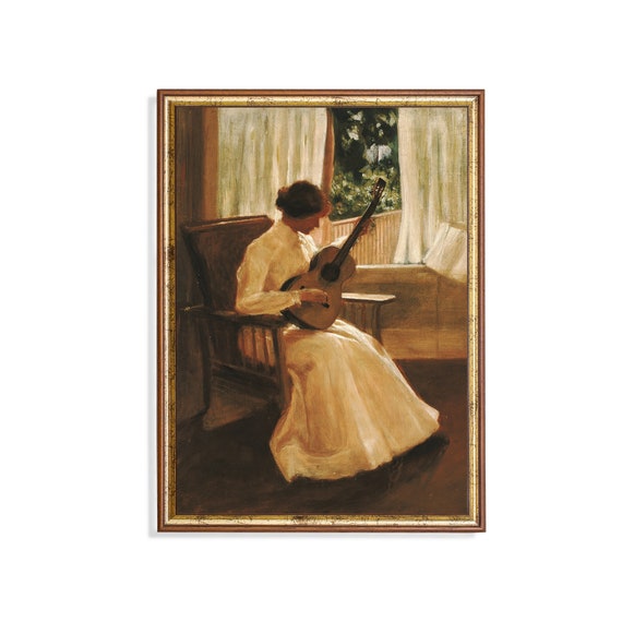 Printed And Shipped Vintage Portrait Painting Antique Woman Portrait Lady Playing Guitar Moody Rustic Fine Print Mailed Art
