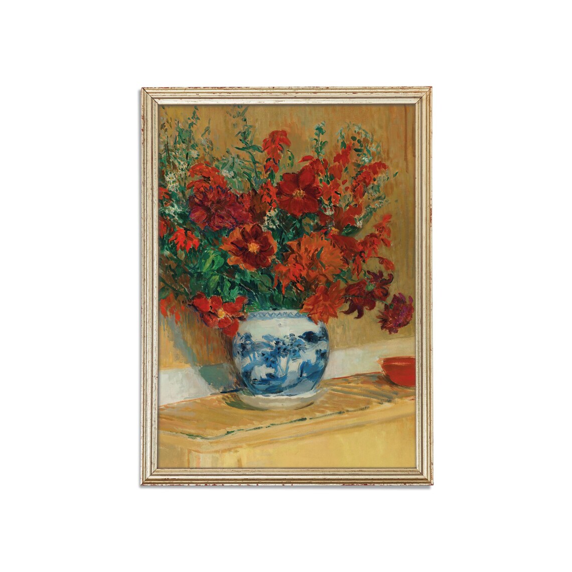 Bright Red Cosmos Bouquet in a Blue and White Vase Floral Poster - Image 3