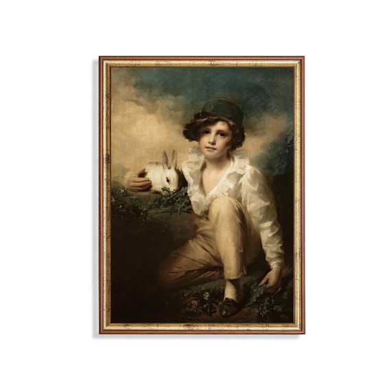 Young Boy Holding White Rabbit Classic Child Portrait Painting Poster