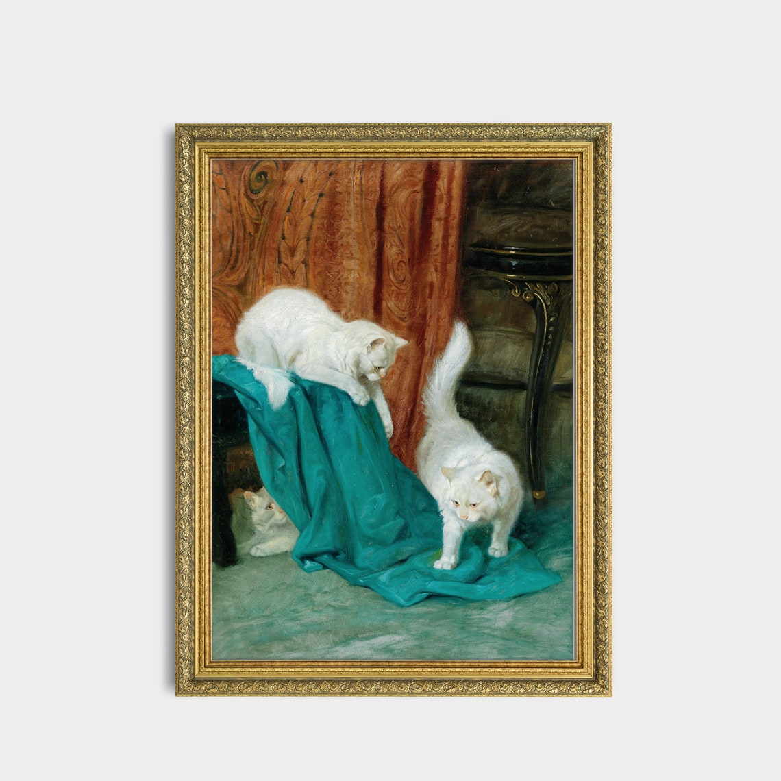 Three White Cats Playing With Teal Fabric In The Parlour Poster - Image 3