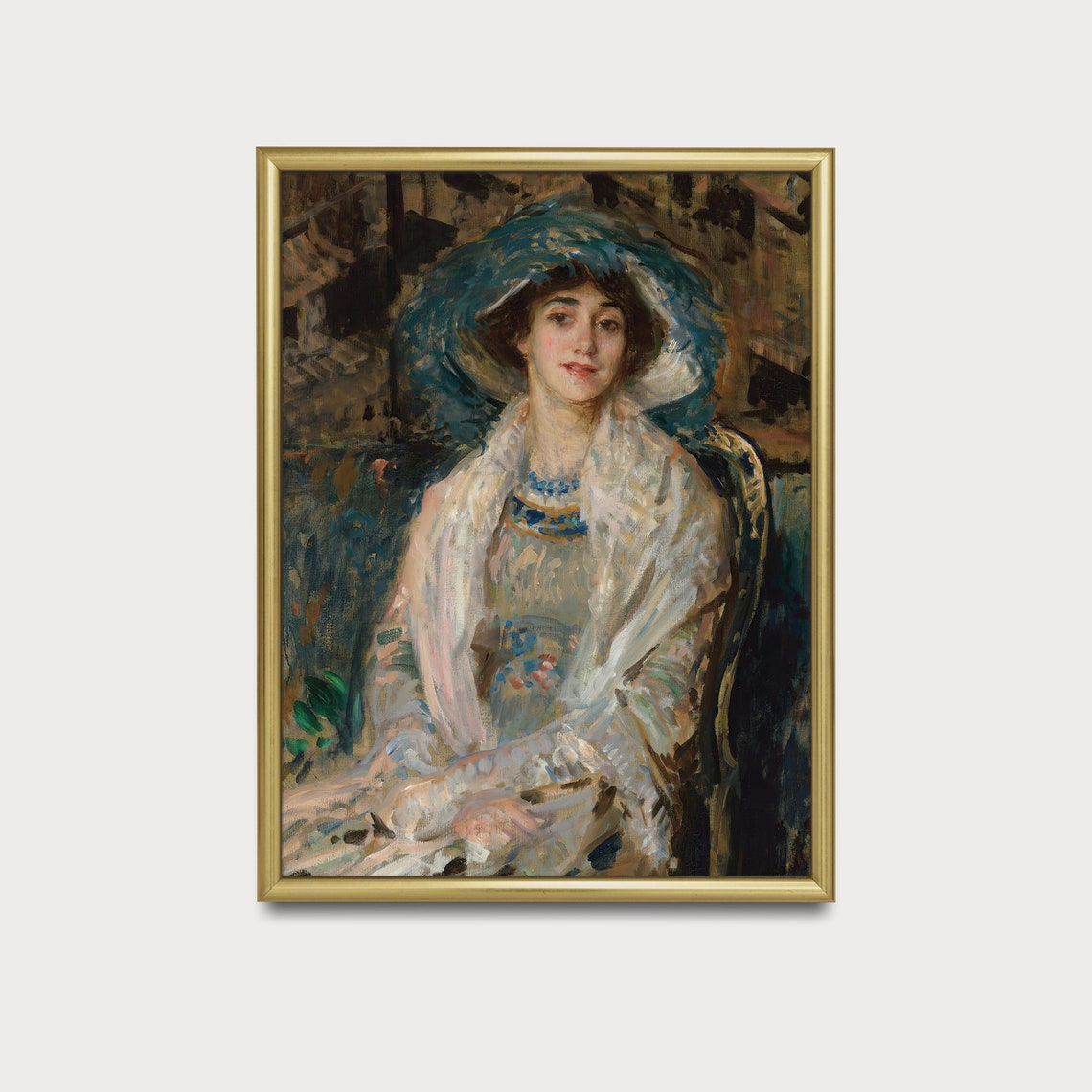 Young Woman in Feathered Blue Hat Impressionist Portrait Poster - Image 5