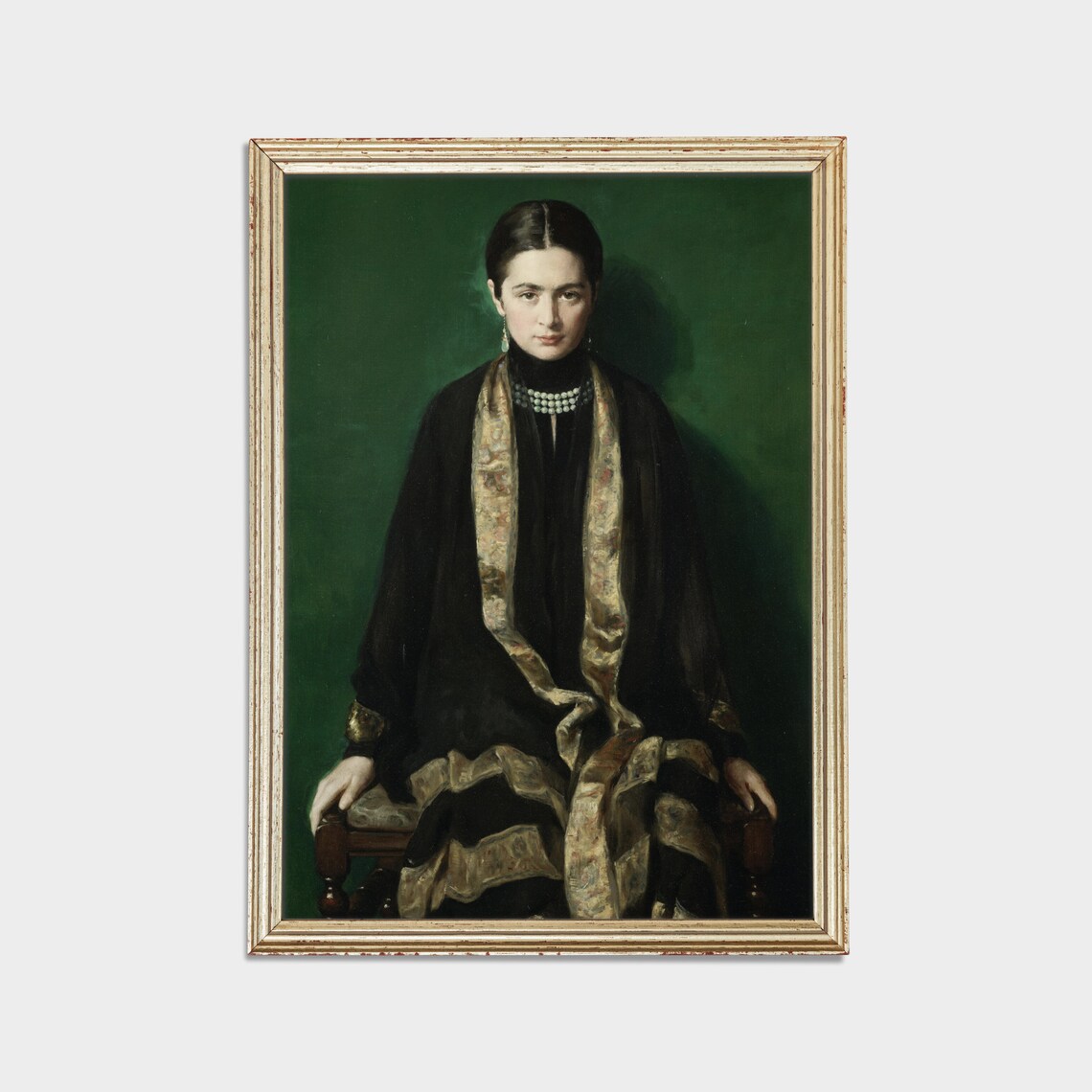 Young Woman In Black Dress With Pearls On Emerald Green Ground Poster - Image 2