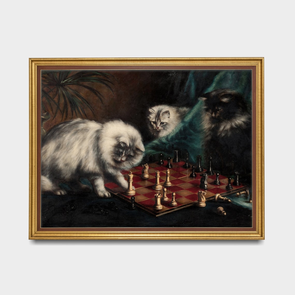Vintage Cats Playing Chess Whimsical Animal Painting Fun Poster - Image 3