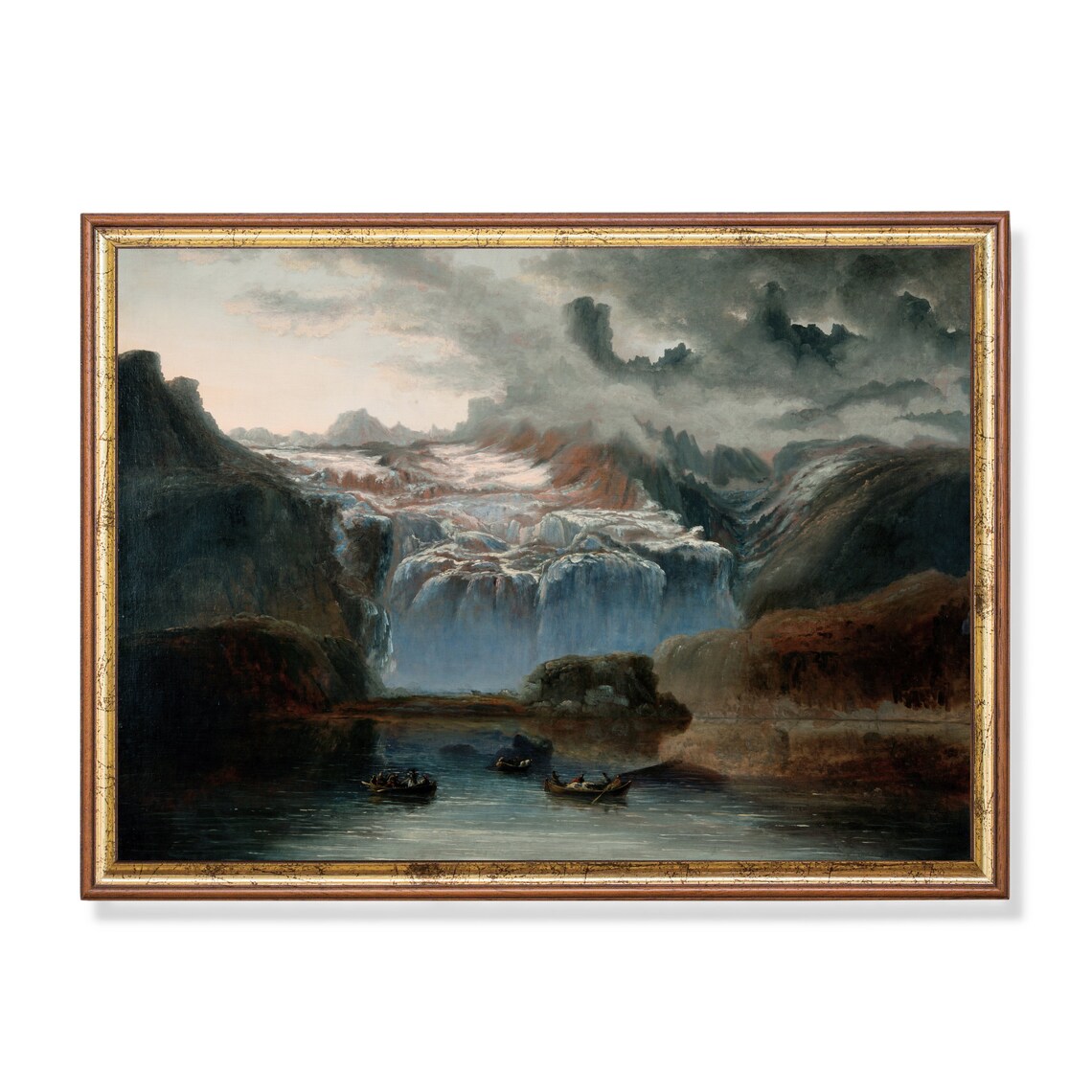 Misty Mountain Waterfalls With Rowboats on a Still Lake Poster