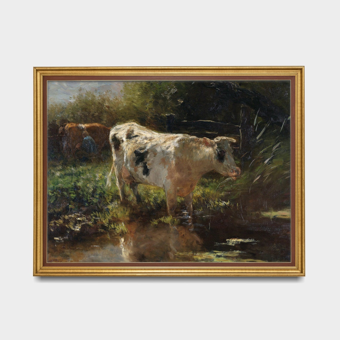 Spotted White Cow Drinking At Woodland Stream Vintage Art Poster - Image 3