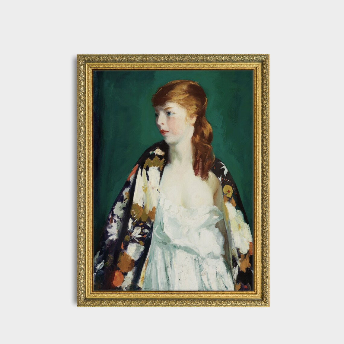 Red Haired Woman In Floral Kimono Portrait Antique Painting Art Poster - Image 3
