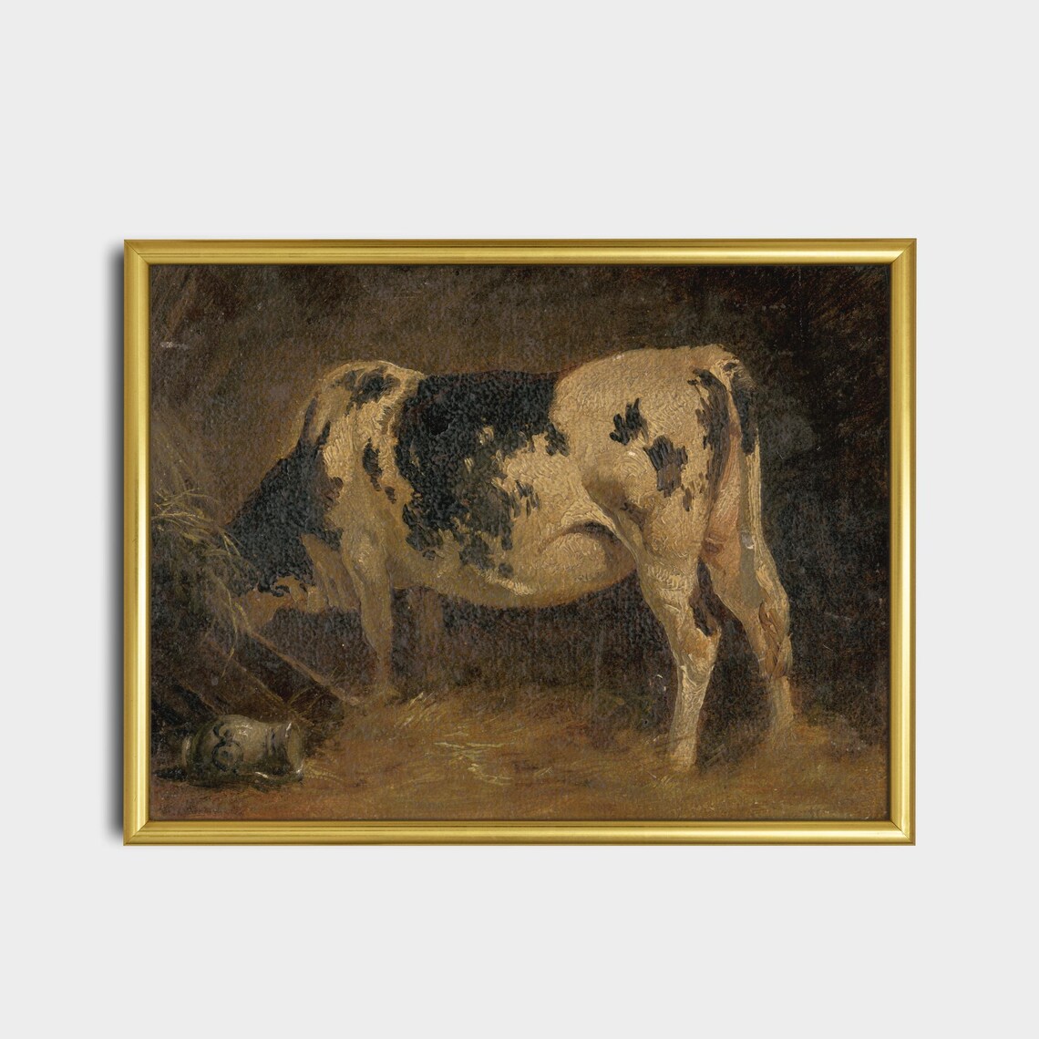 Black and White Spotted Cow in a Dark Barn Moody Farm Animal Poster - Image 2