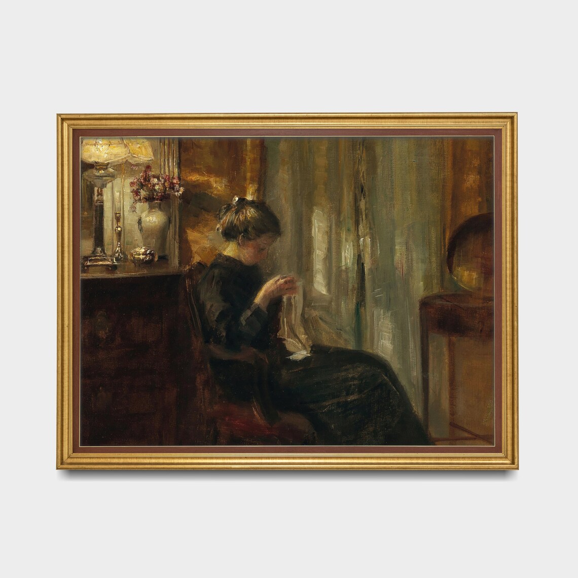 Woman Sewing by Lamplight in a Dim Interior Vintage Oil Painting Poster - Image 3