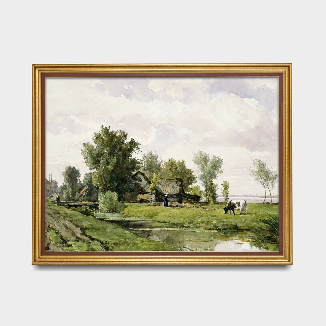 Country Cottage with Stream and Cow Vintage Farm Painting Poster - Image 3