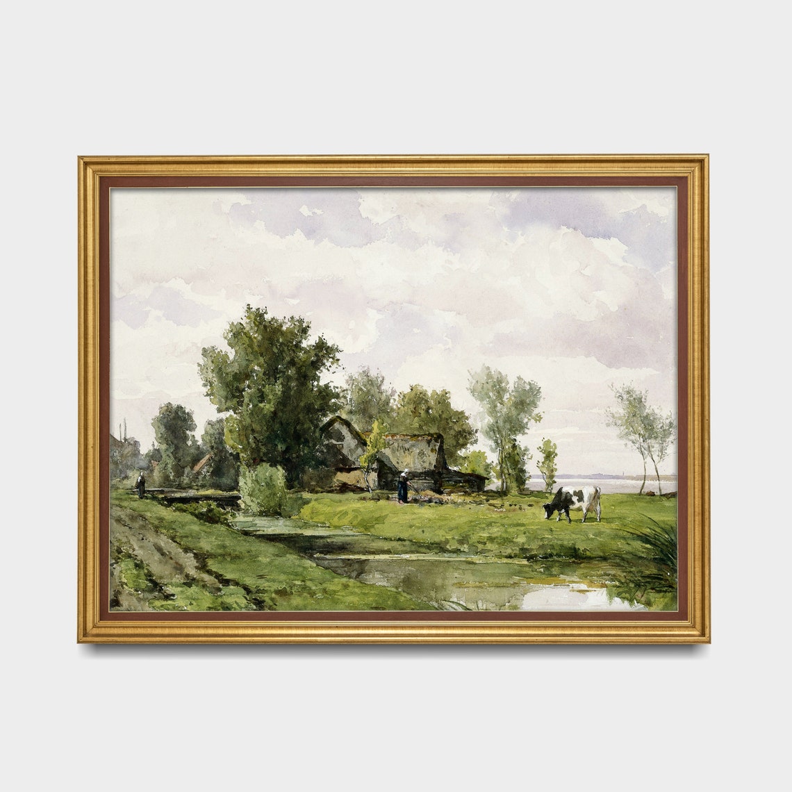 Dutch Riverside Meadow with Cow and Thatched Cottage Fine Art Poster - Image 3