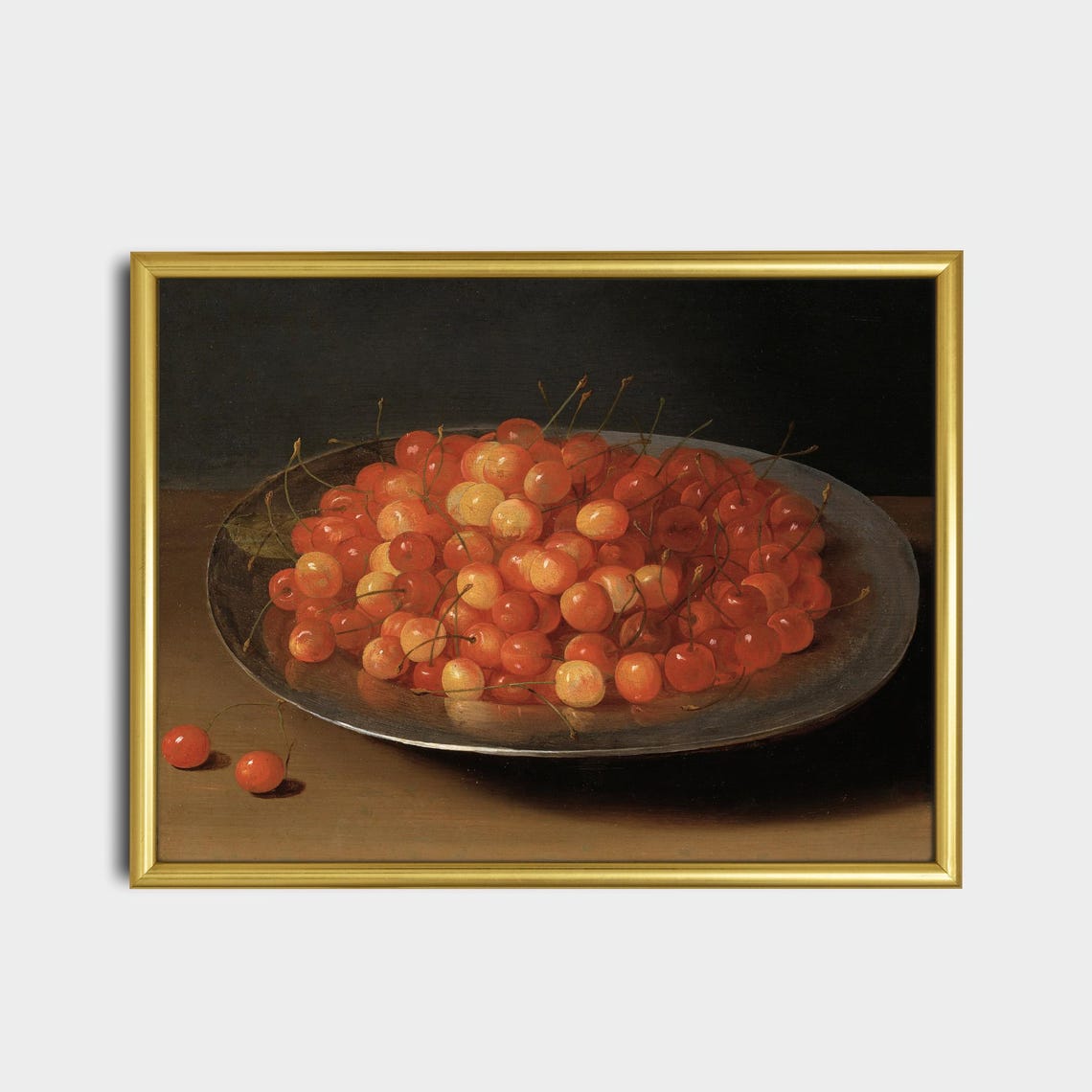Ripe Red Cherries Piled on Silver Platter Classic Still Life Poster - Image 2
