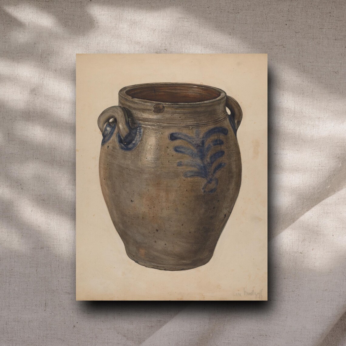 Antique Blue Decorated Stoneware Crock Folk Watercolor Art Poster
