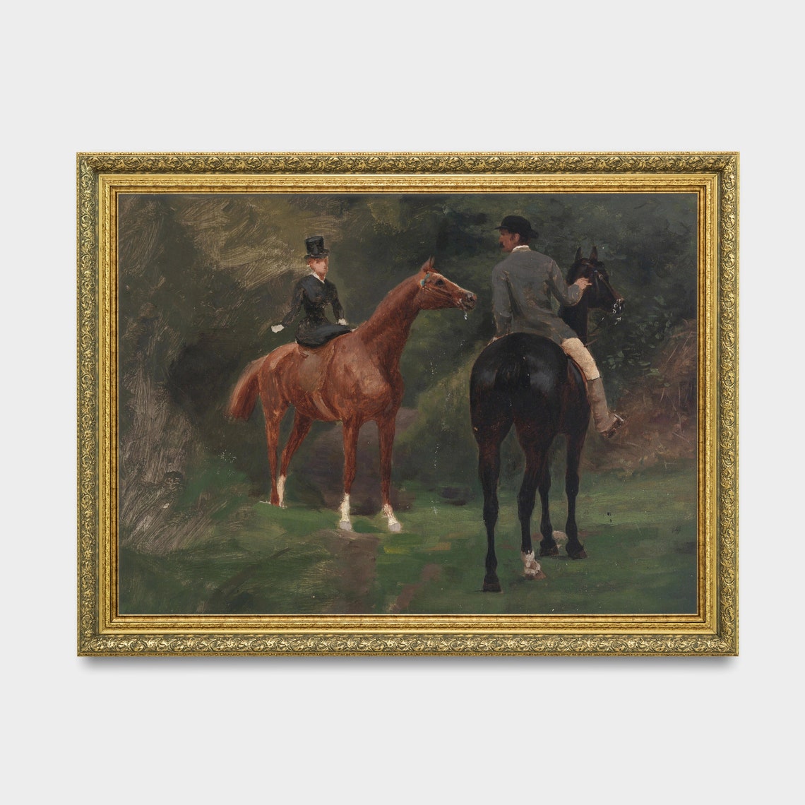 Lady and Gentleman on Horseback in a Dark Forest Antique Poster - Image 3