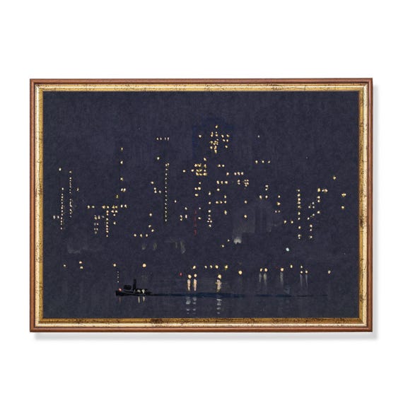 Manhattan Vintage Cityscape Night Lights Art Print