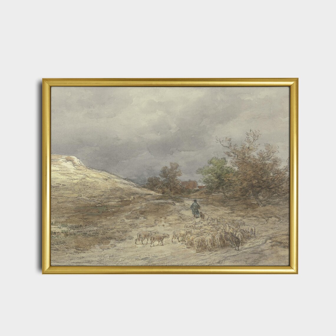 Shepherd With A Flock Of Sheep On The Moor Watercolor Poster - Image 2