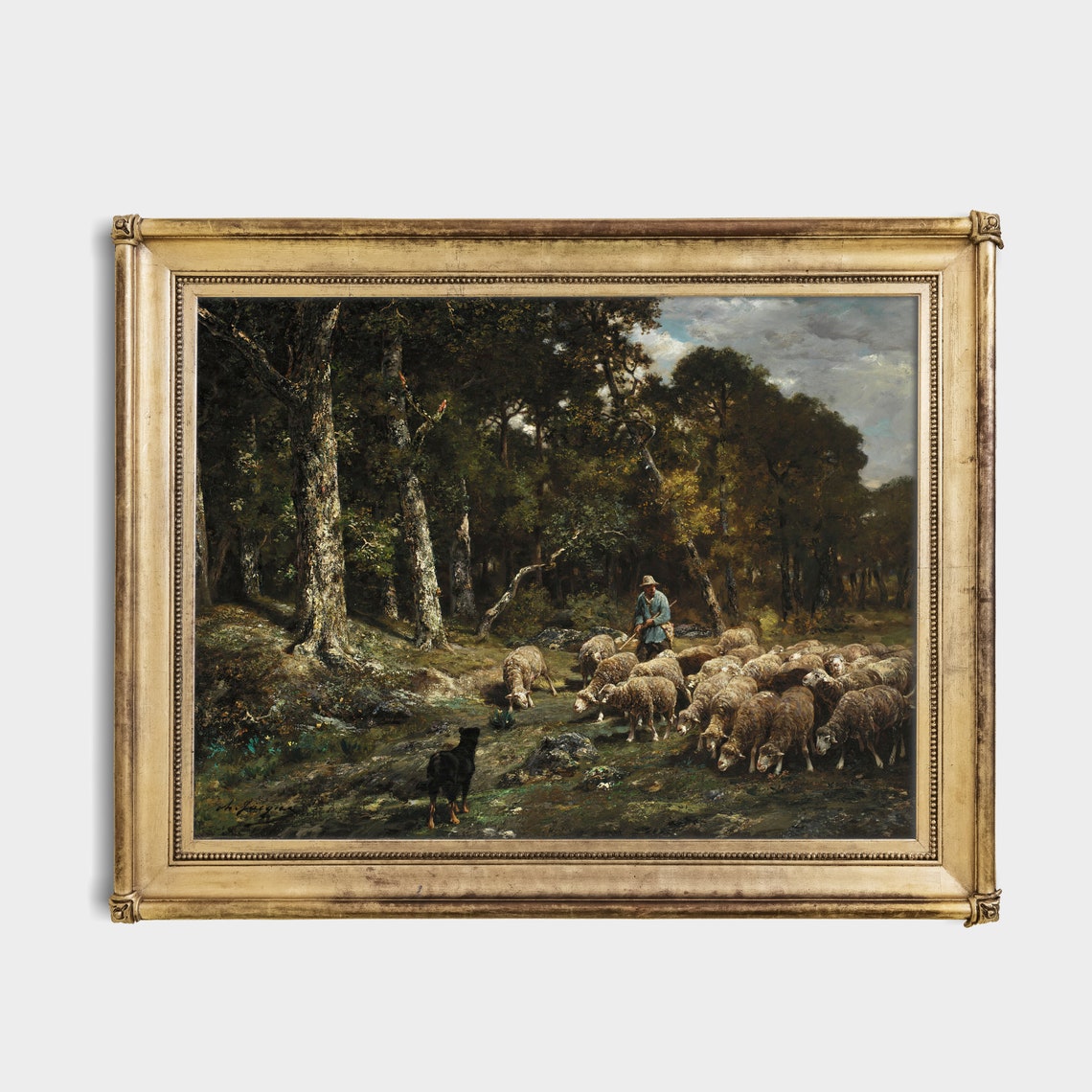 Sheep Painting Vintage Landscape Print Shepherd With Flock Of Sheep Moody Rustic Artwork Wall Art - Image 2
