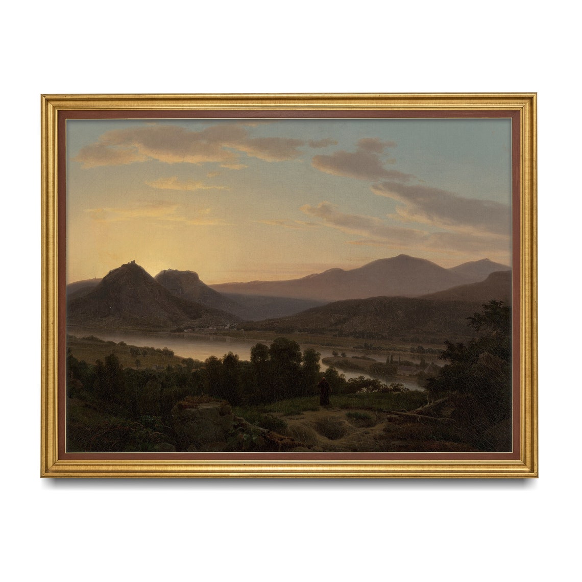 Sunset Over Mountain River Valley With Lone Wanderer Landscape Poster - Image 2