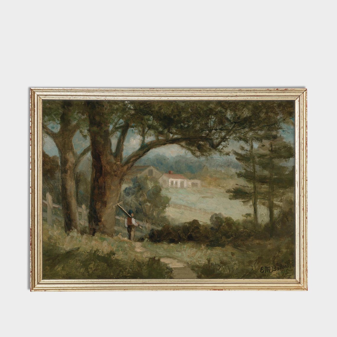 Farmer on Path to Farmhouse Through Tall Trees Vintage Poster - Image 3