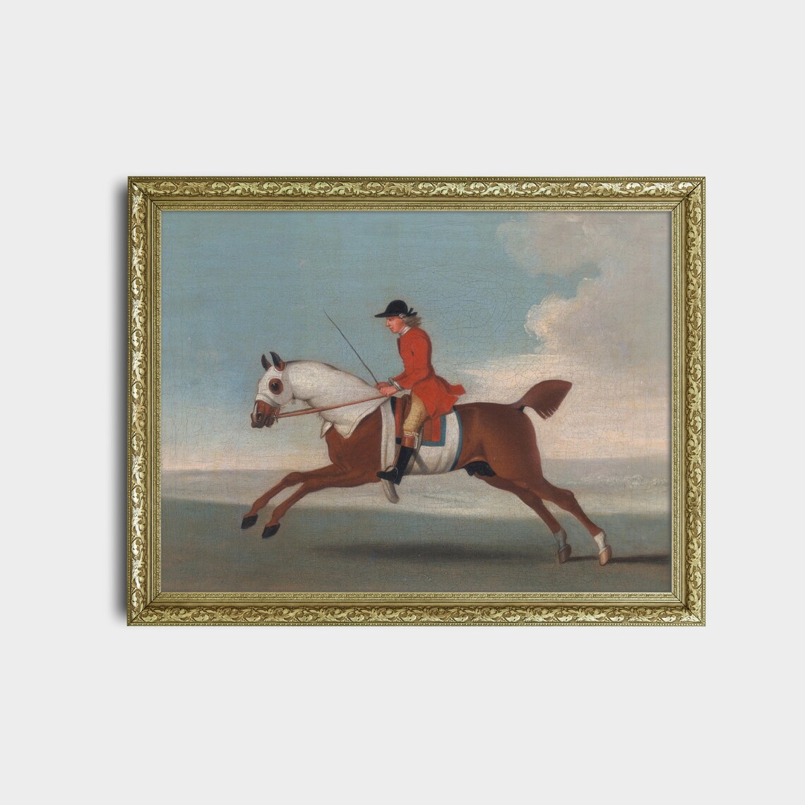 Jockey in a Red Coat Galloping a Bay Racehorse Vintage Oil Poster - Image 2
