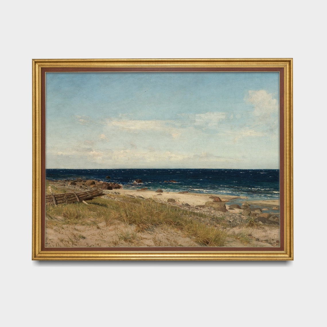 Rocky Beach with Wrecked Boat and Blue Sea Antique Coastal Poster - Image 3