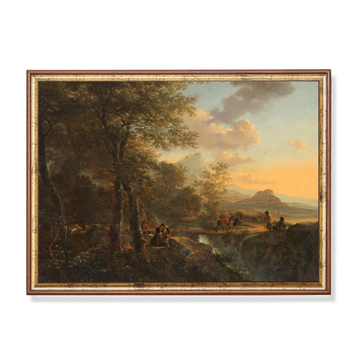 Golden Italian Sunset Landscape with Travelers and Peaks Poster