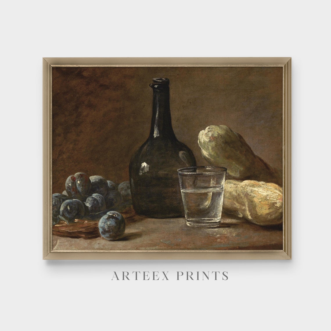 Plums Wine Bottle and Bread in a Dark Still Life Painting Poster - Image 5