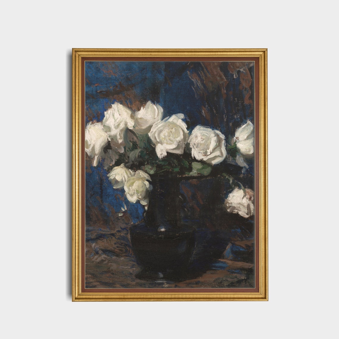 White Roses in a Dark Vase Moody Impressionist Painting Poster - Image 5