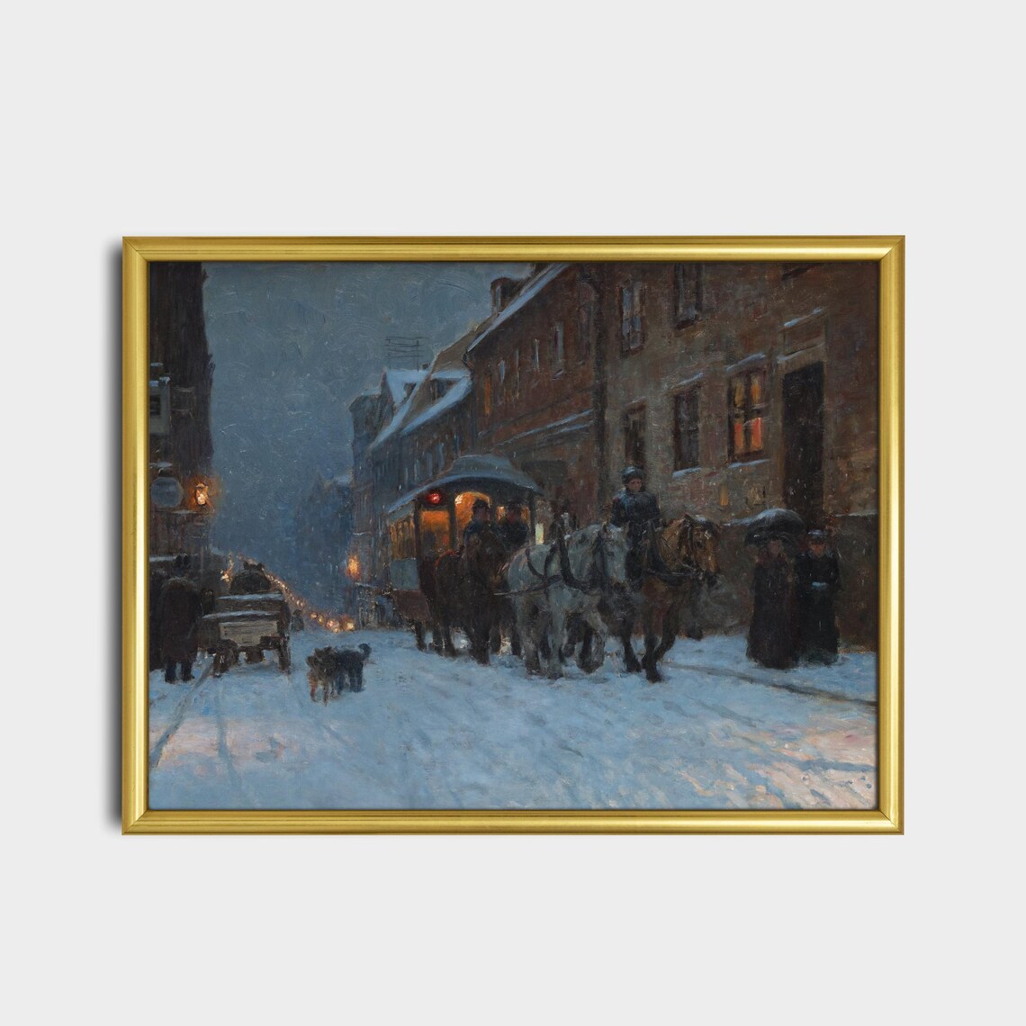 Antique Snowy Night Street With Horse Tram Painting Wall Poster - Image 2