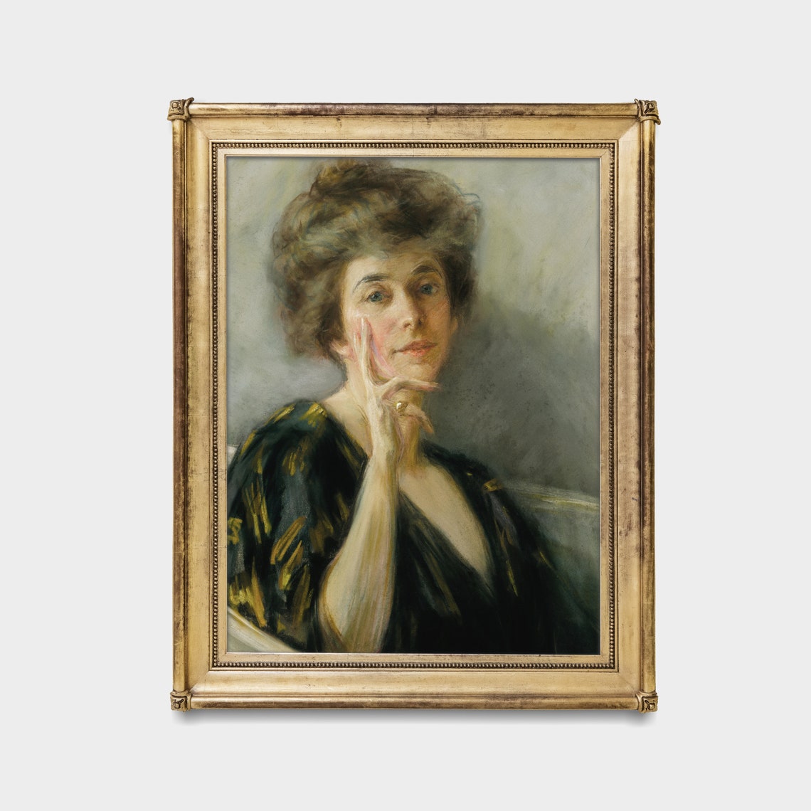 Pensive Woman in a Black Dress Antique Pastel Portrait Poster - Image 4
