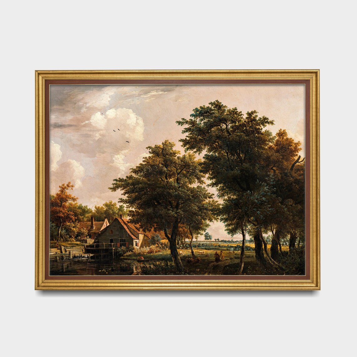 Vintage Watermill River Trees Dutch Countryside Oil Painting Poster - Image 3