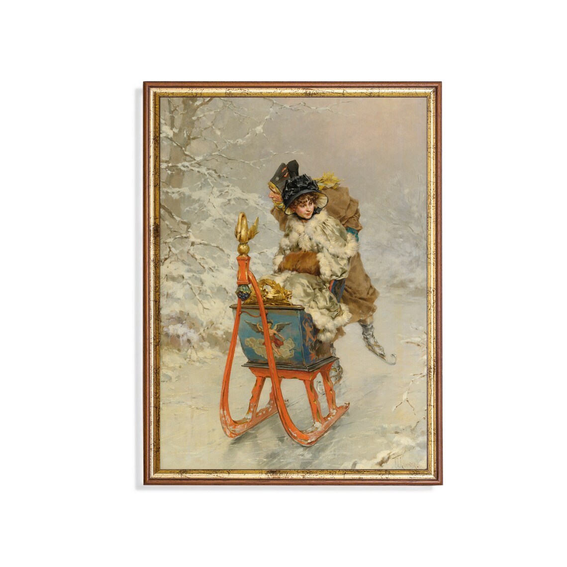 Girl on Ornate Red Sleigh Vintage Winter Scene Painting Poster