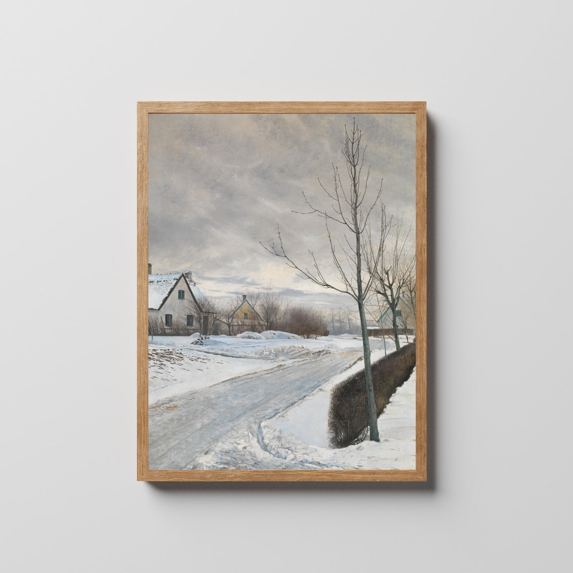 Snow Covered Village Street Cottages Beneath Grey Winter Sky Poster - Image 2