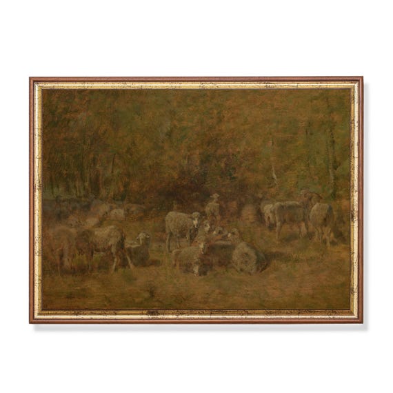 Printed And Shipped Landscape With Flock Of Sheep Vintage Sheep Painting Antique Art Print Moody Rustic Artwork Farmhouse Decor