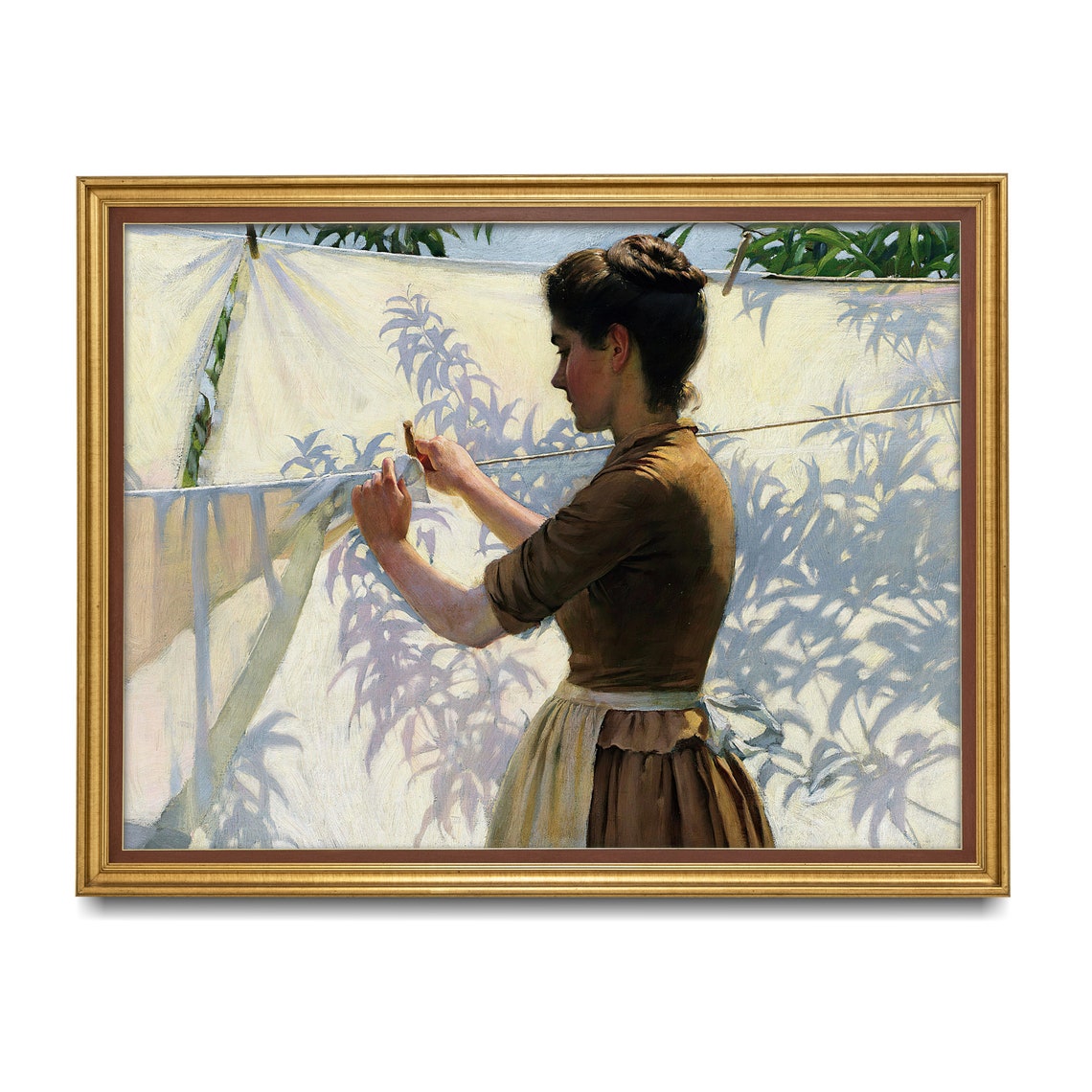 Woman Hanging Sunlit Laundry with Leaf Shadows Washday Scene Poster - Image 4