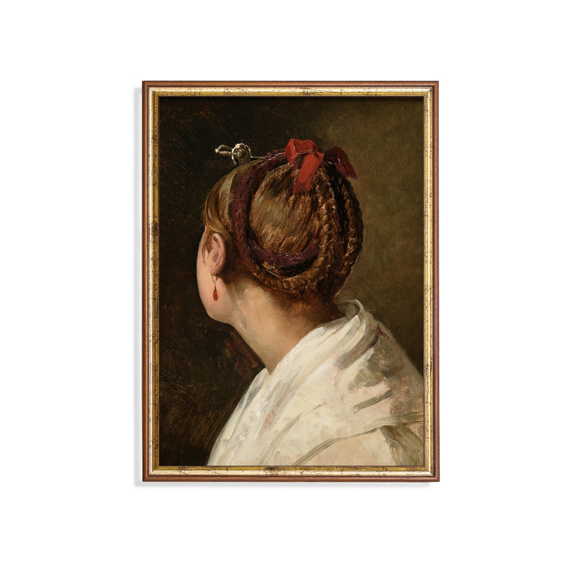 Back View of a Woman With Braided Hair and Red Ribbon Portrait Poster
