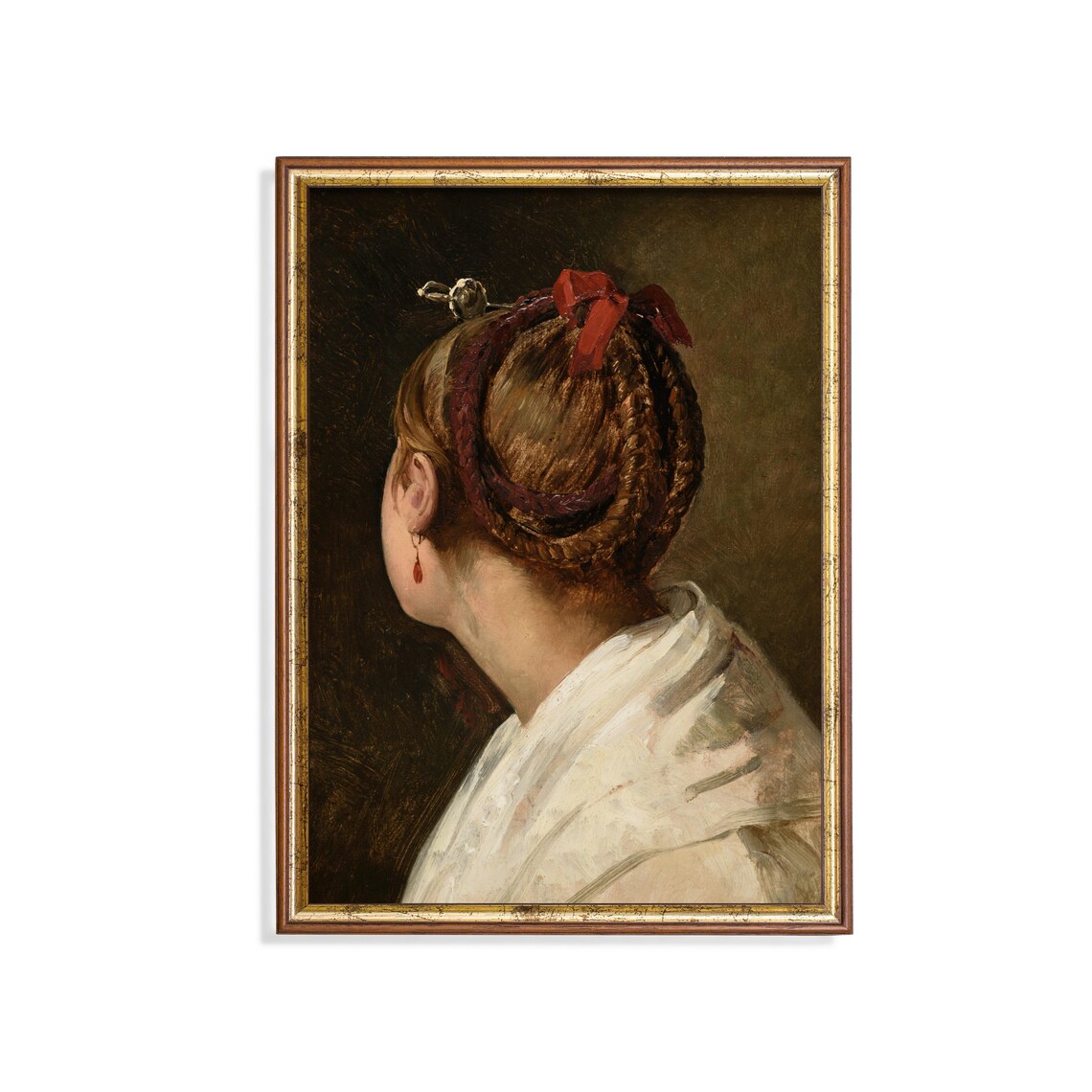 Braided Updo Woman Back View Antique Portrait With Red Ribbon Poster