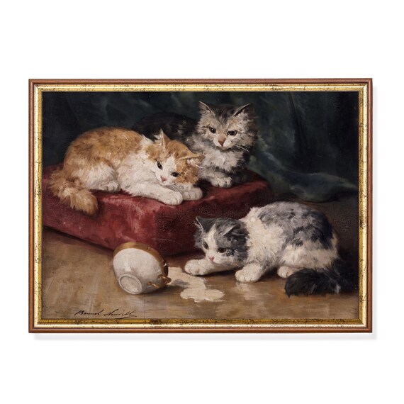 Three Mischievous Kittens With Spilled Milk Vintage Cat Painting Poster