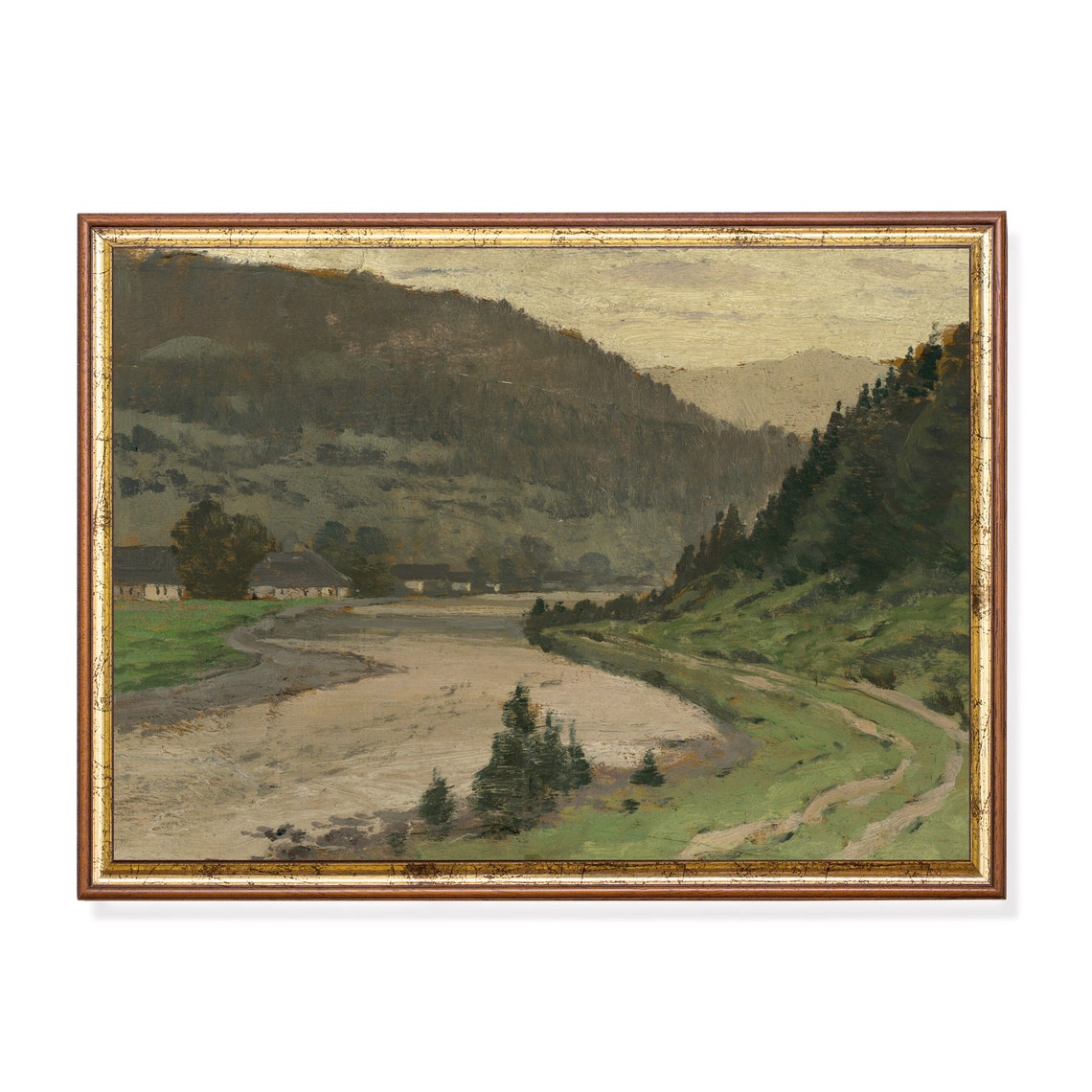 Mountain Valley With a Winding River and Cottages Vintage Poster