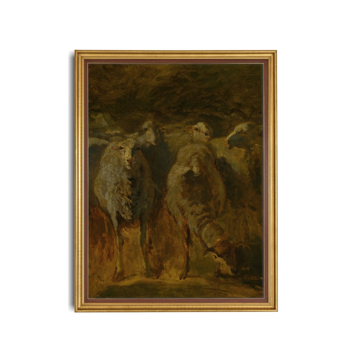 Moody Dark Sheep in Shadows Antique Oil Painting Fine Art Poster - Image 3