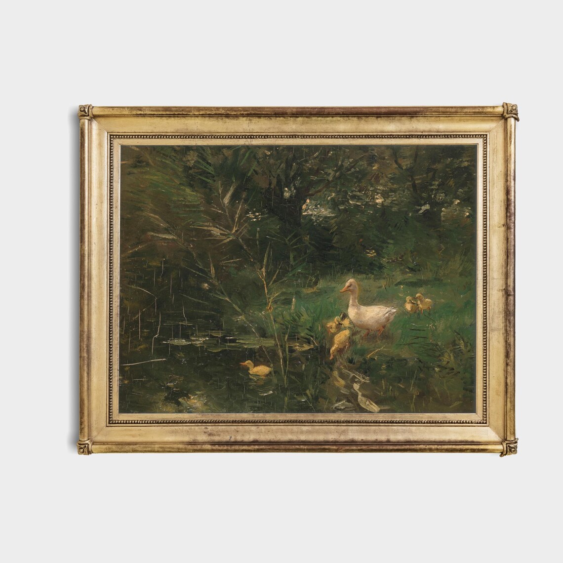Charming White Duck with Ducklings by a Woodland Pond Vintage Poster - Image 4