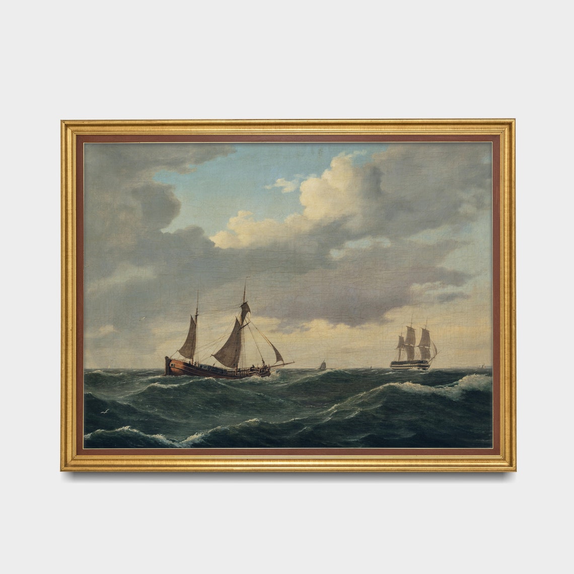 Sailing Ships on Dark Rolling Waves Vintage Marine Painting Poster - Image 3